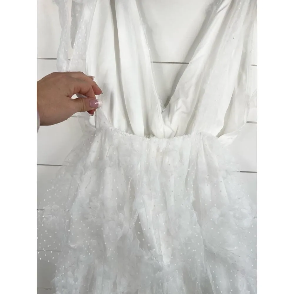 JUST ME White Lace Sleeveless Deep V-Neck Tiered Midi Dress Size L Open Back - Image 7