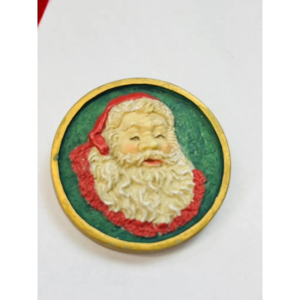 Vintage Santa Claus Brooch Pin Round Resin Holiday Accessory 1.75" Diameter Made Red - Image 5