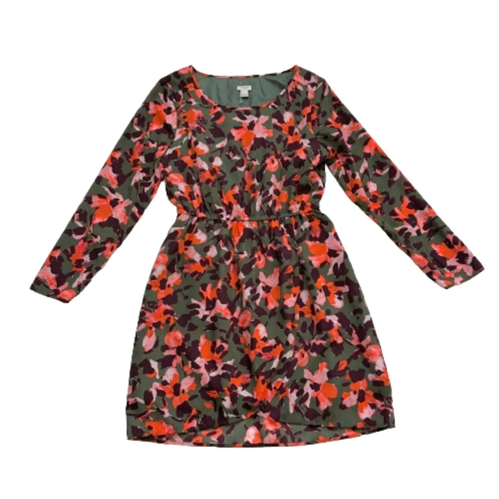J. Crew Factory Dress Green Orange Floral Long Sleeve Tulip Hem Lined Size 6 - Image 7