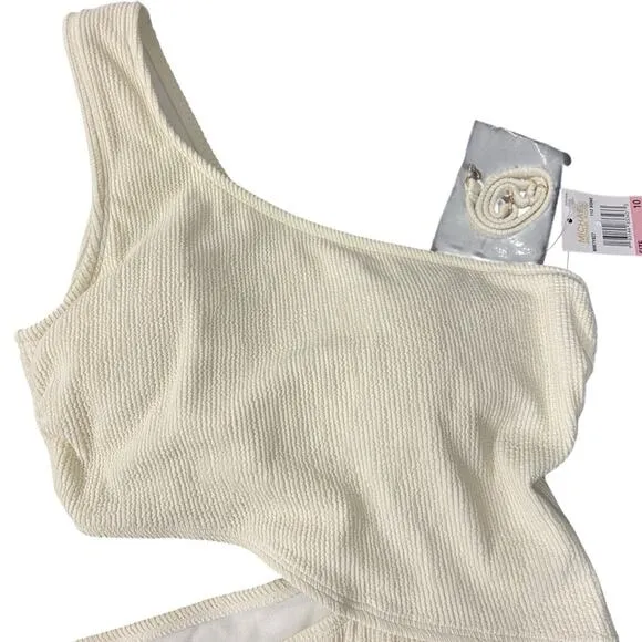 Michael Kors NWT $148 bone One-Shoulder Side-Cutout‎ Swimsuit 10 M - Image 4