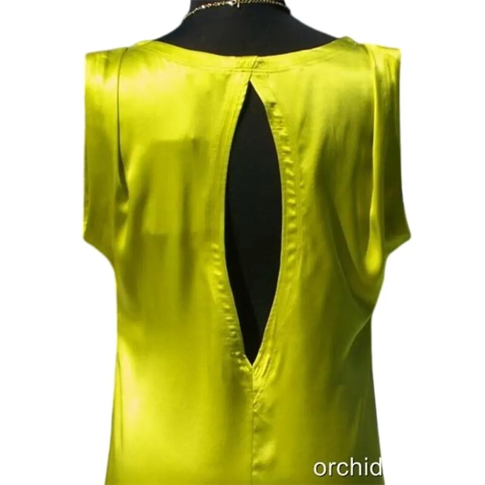 Cache Chartreuse Peek A Boo Cut Out Back Ruched Shoulder Silk Top New $98 NWT - Image 2