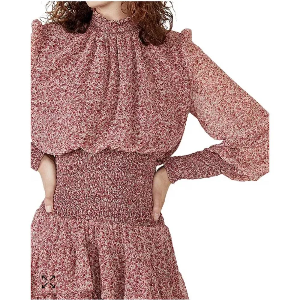 Bardot Georgette Soft Floral-Print Mini Ruffle Dress Chiffon Smocked Pink Size 8 - Image 3