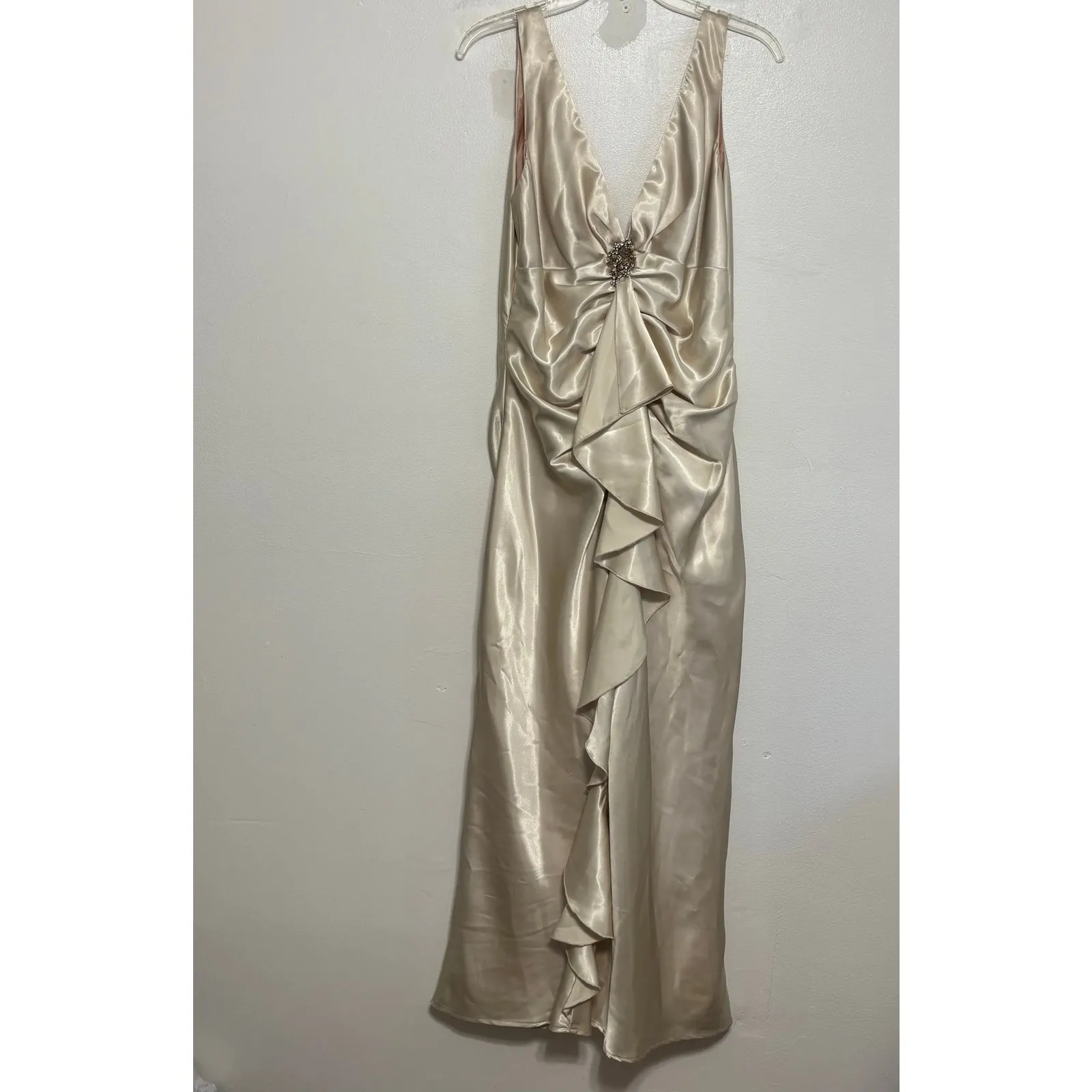 Rampage  Champagne Evening Gown Deep V Neck Ruffle Front Zip Back Size 13 - Image 6