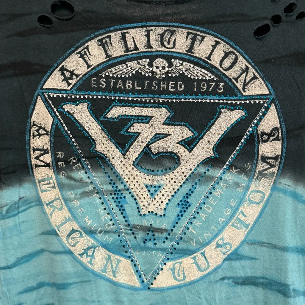Affliction Blue Ombre Distressed Cutout Tee Size M Rhinestone Navy Aqua Rock Top - Image 3