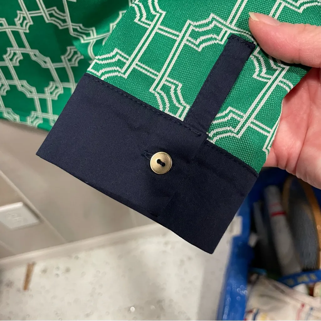 Cute / Ugly Christmas contest winner 🏆  green geometric print navy trim henley - Image 8