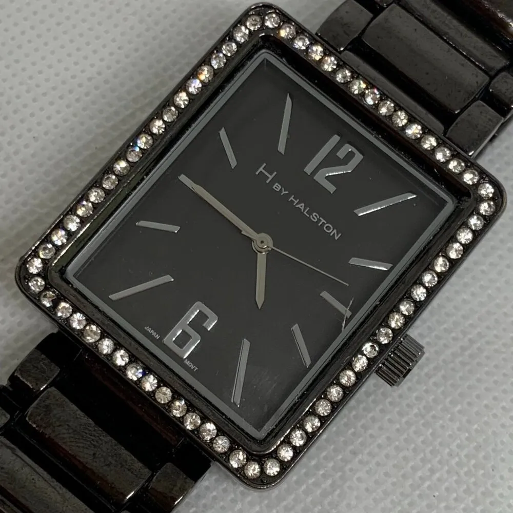 H By Halston watch black tone rectangle 35mm quartz rhinestones size 7” running - Image 6