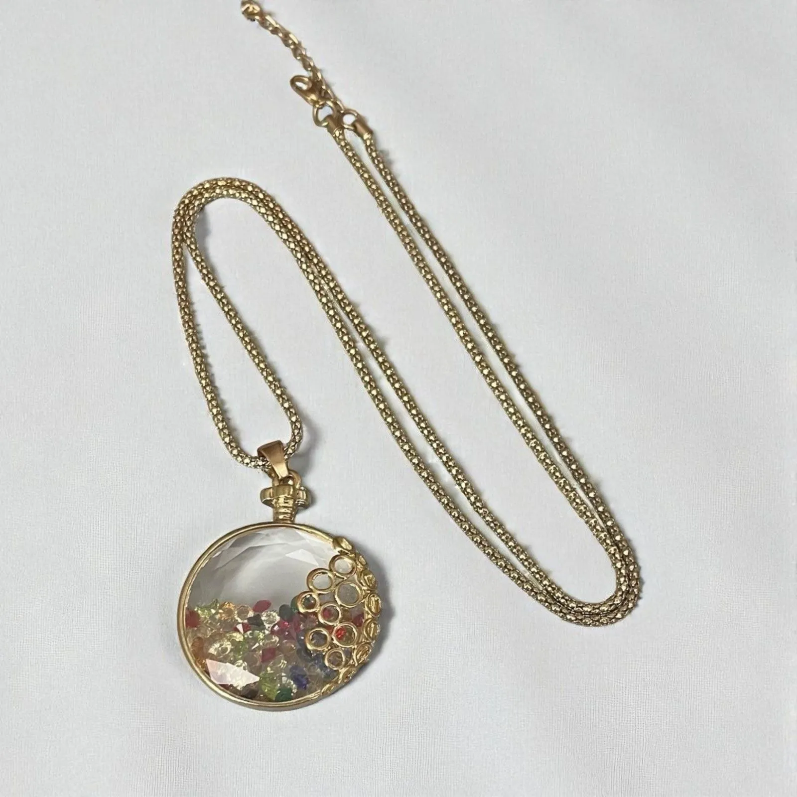 Vintage Gold Tone Multicolor Crystal Shaker Locket Bottle Pendant Necklace - Image 3