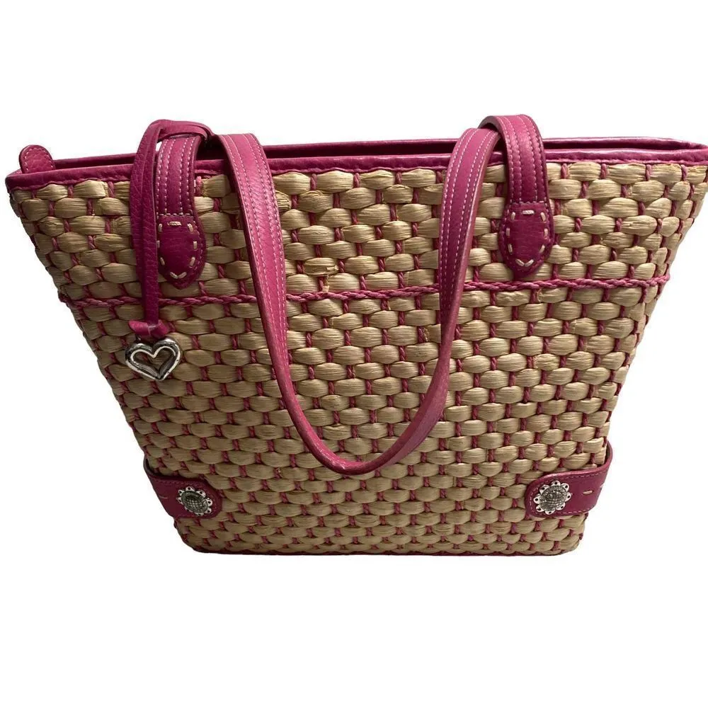 BRIGHTON‎ Tan & Pink Basketweave Handbag Satchel Purse 15X3.75X10 - Image 3