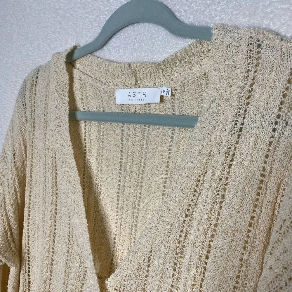 ASTR The Label Faux Wrap Pointelle Ribbed Open Knit Sweater V-Neck Cream XL - Image 4