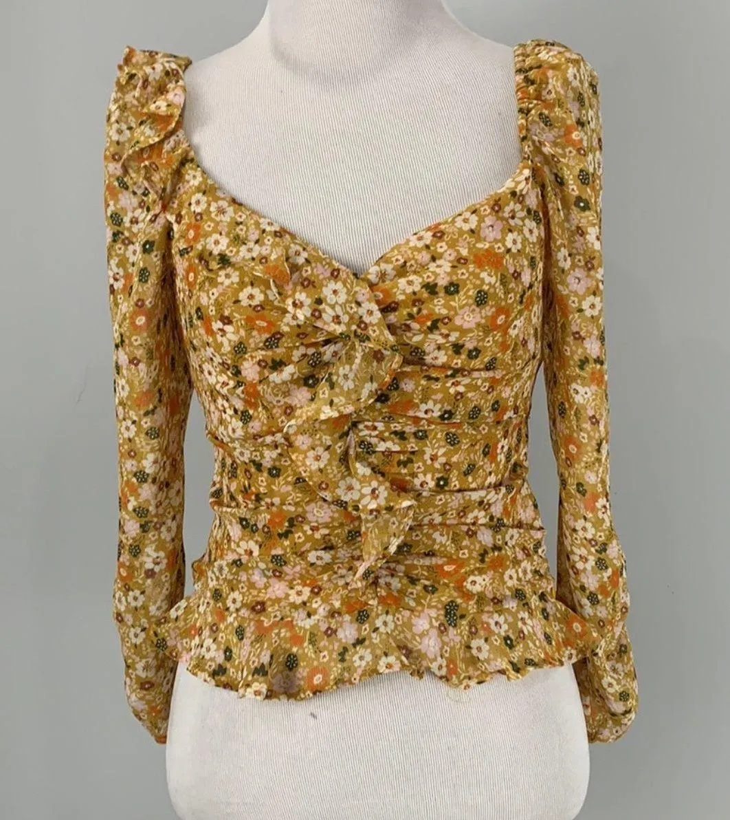 ASTR Puff Sleeve Floral Shirred Ruched Blouse - Image 11