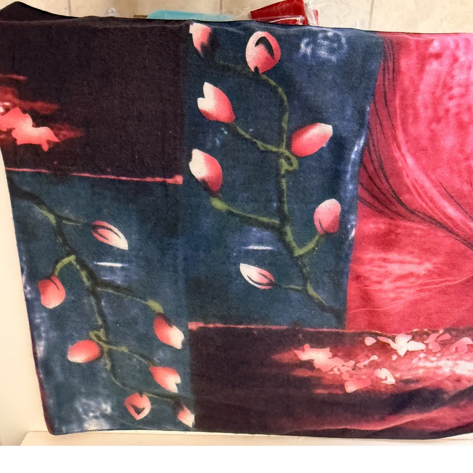 Pantonight Oversized Soft Floral Scarf Shawl Red Blue Artistic Print - Image 3