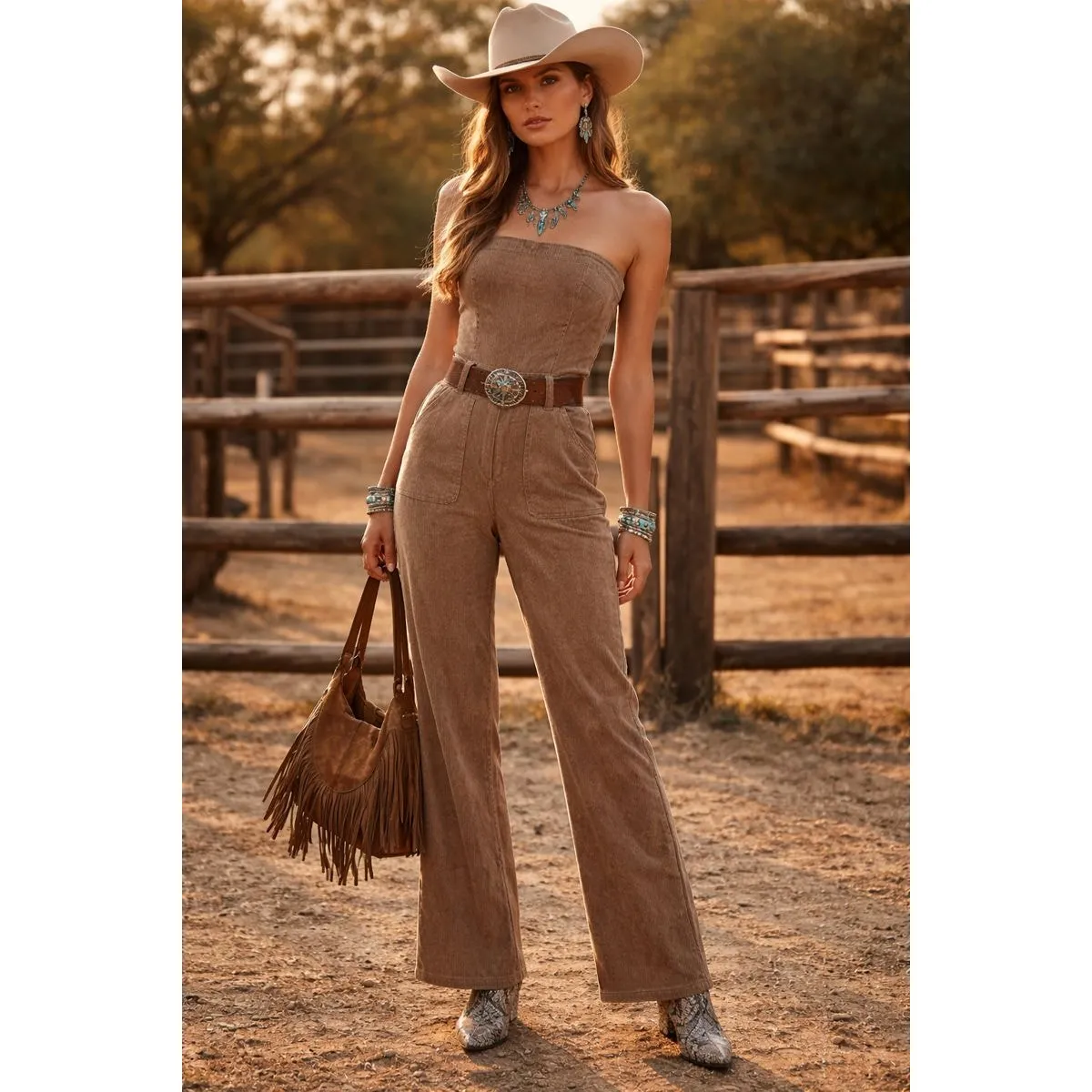 Bijou Western Strapless Wide Leg Jumpsuit Small Tan Cowgirl Ranch Earthy Boho Brown - Image 2