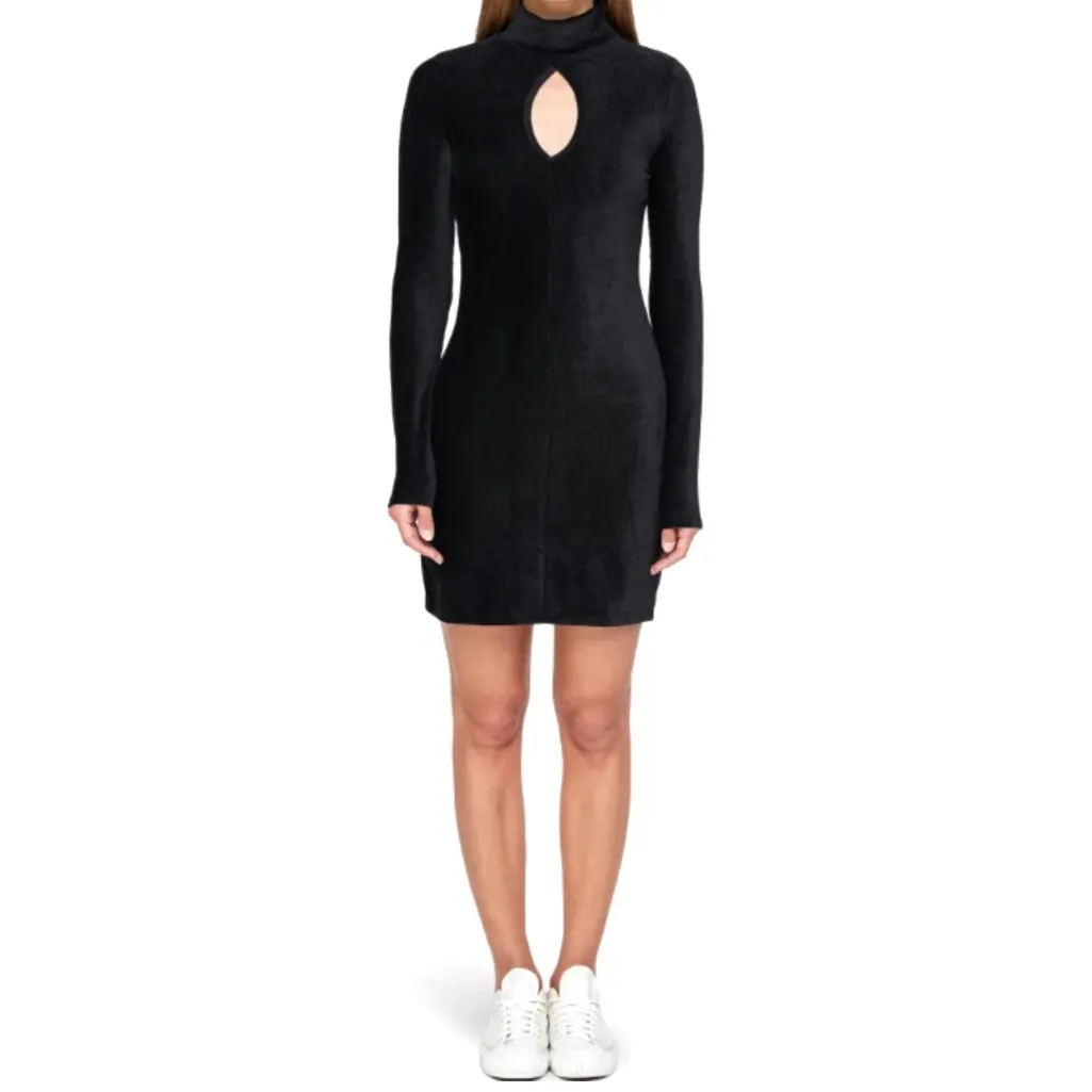 NWT Dual Nature Rib Velour Keyhole Mock Neck Long Sleeve Mini Dress Black Large - Image 2