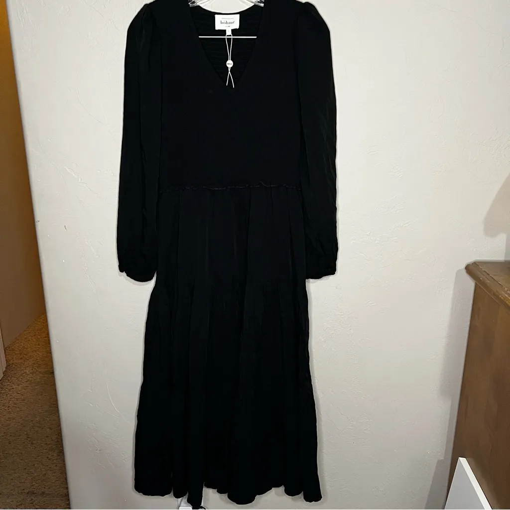Bohme Black Tencel Smocked Tiered Long Sleeve V-Neck MIDI Dress - Image 2