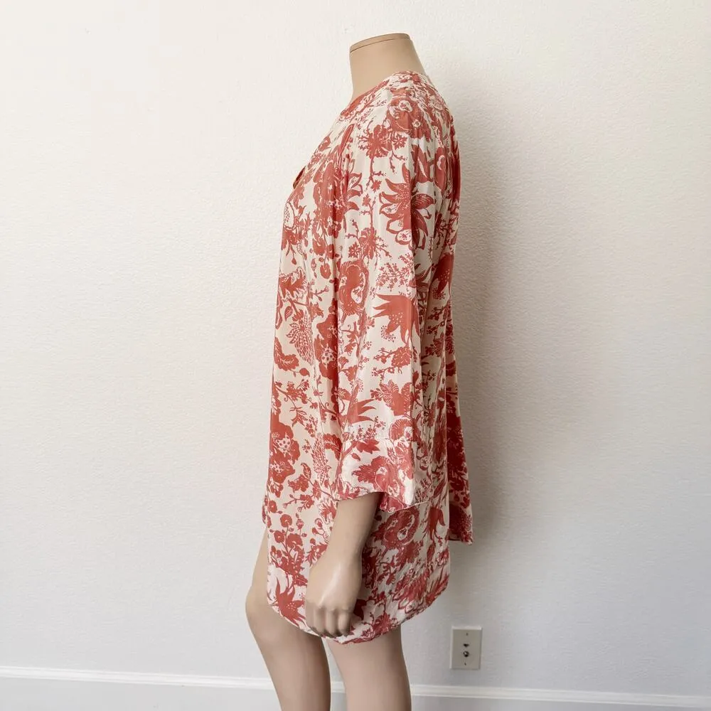 [World Market] Terracotta Pink Floral Print Tunic Top Coverup Split Neck Sz L XL - Image 2