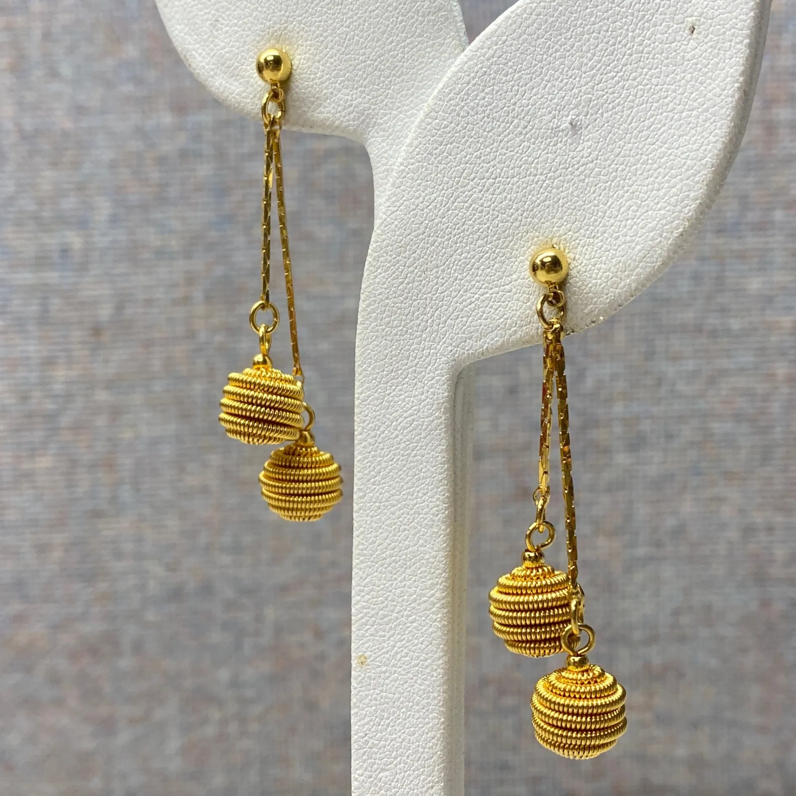 Gold Tone Textured Sphere Drop Chain Swingy Disco Dangle Statement Earrings - Image 3