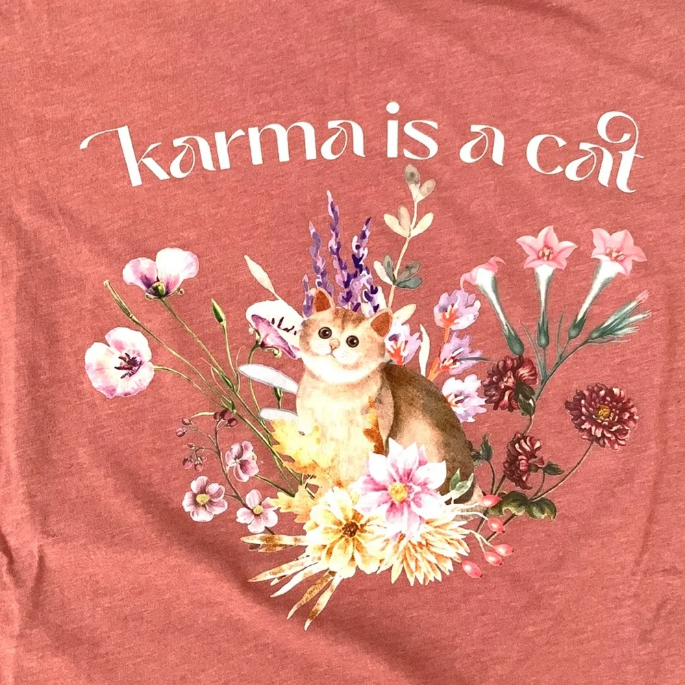 Taylor Swift L/G Women’s Karma Is A Cat Shirt Mauve Pink Short Sleeves Large - Image 2