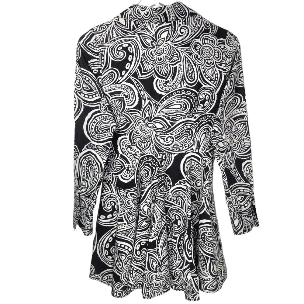 Zara Cotton Floral Button Up Collared Long Sleeve Mini Dress In Black/White - Image 7