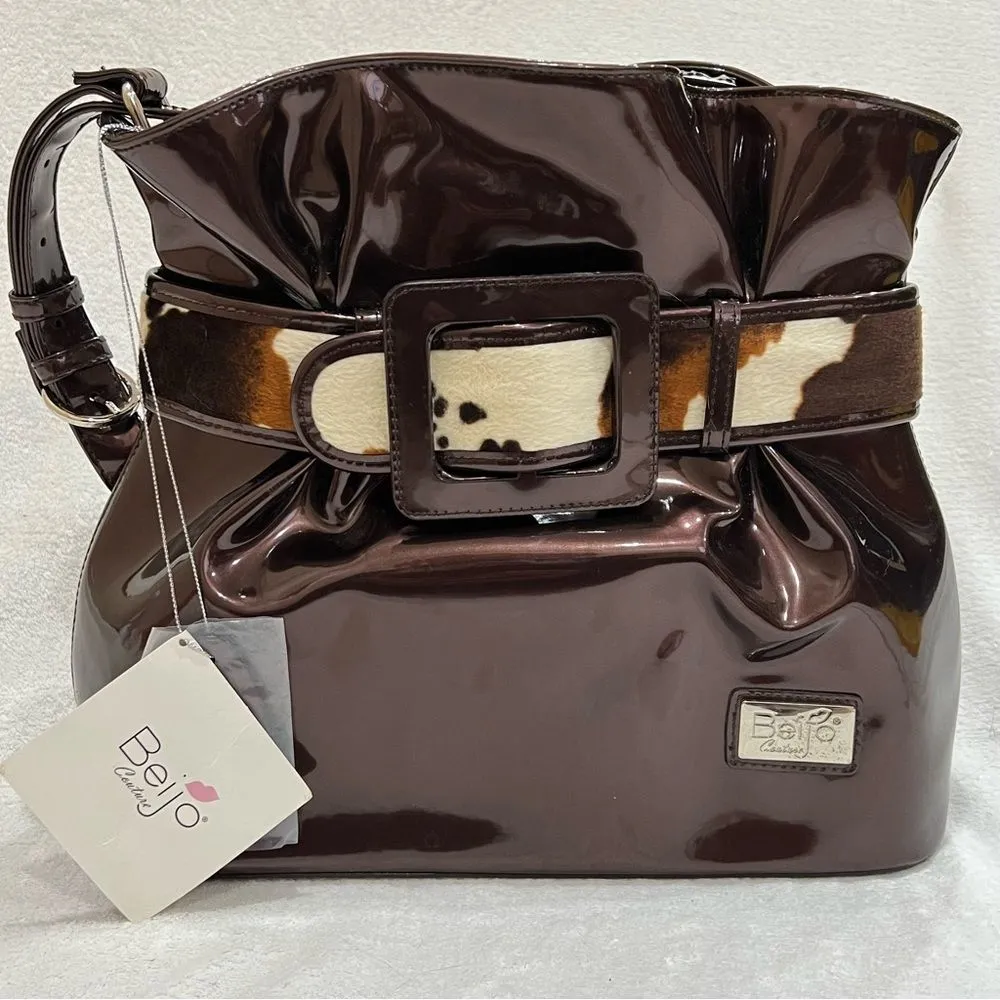 Beijo Copper Brown Patent Leather Bag with Cow Hair Detail NWT - Image 3