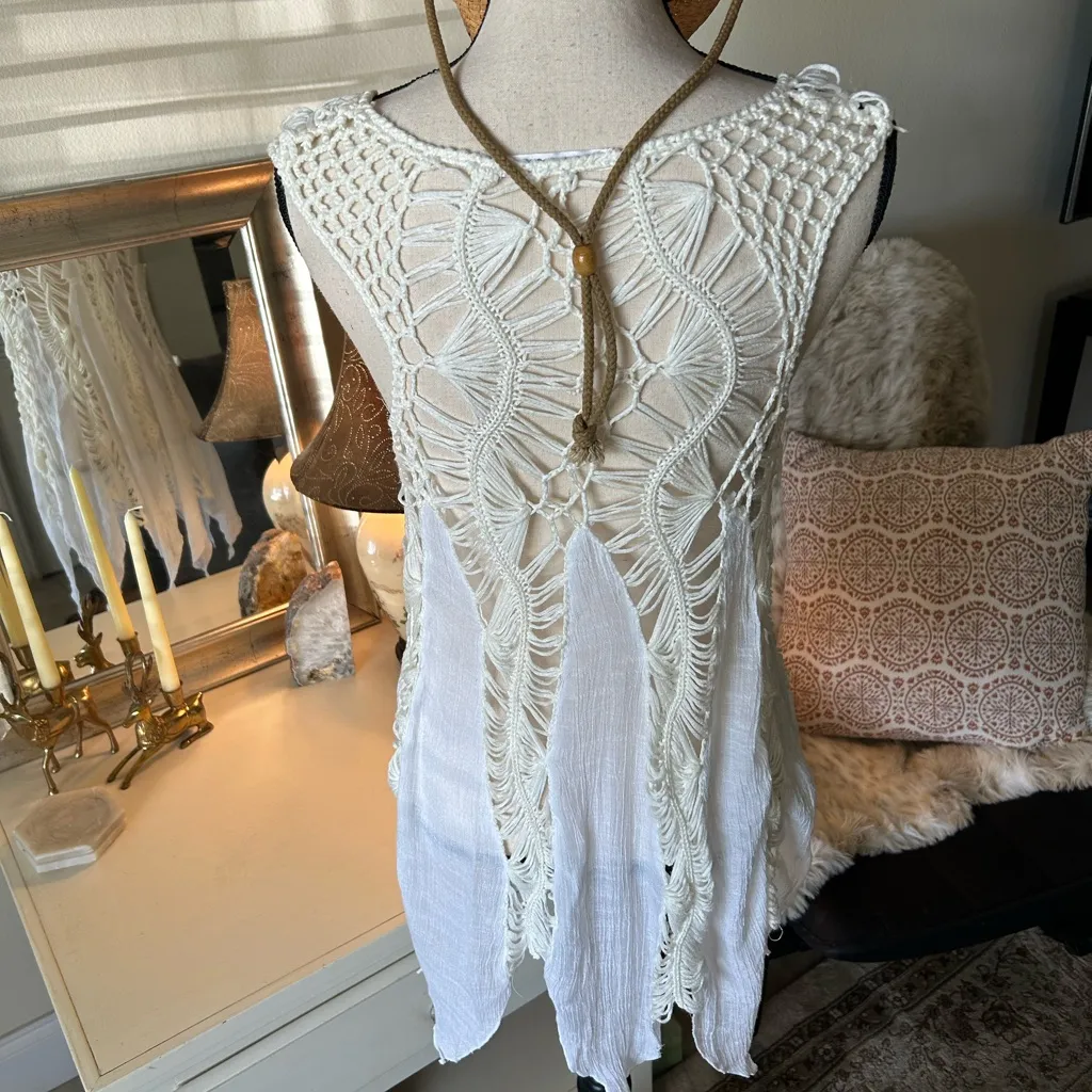 Paradise crochet knit, white cream, semi sheer Boho cover up mini dress tank M Size M - Image 6