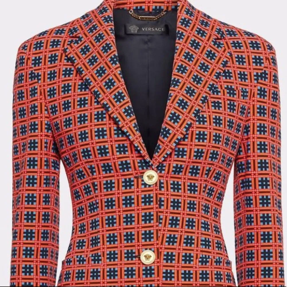 Versace Printed Fire Checkered Tapestry Print Blazer - Image 12