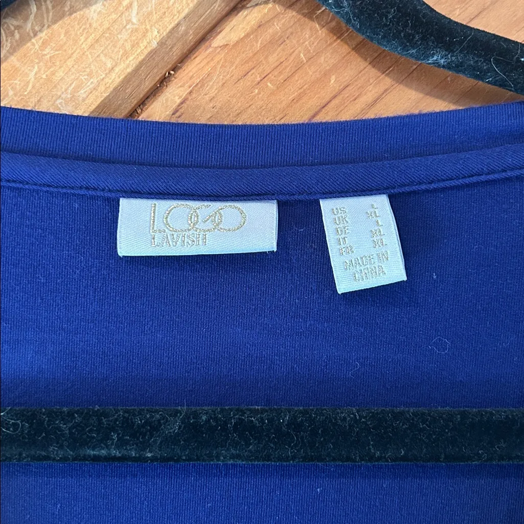 LOGO Lavish by Lori Goldstein Floral Embroidered Overlay Tunic Top blue w gold - Image 3