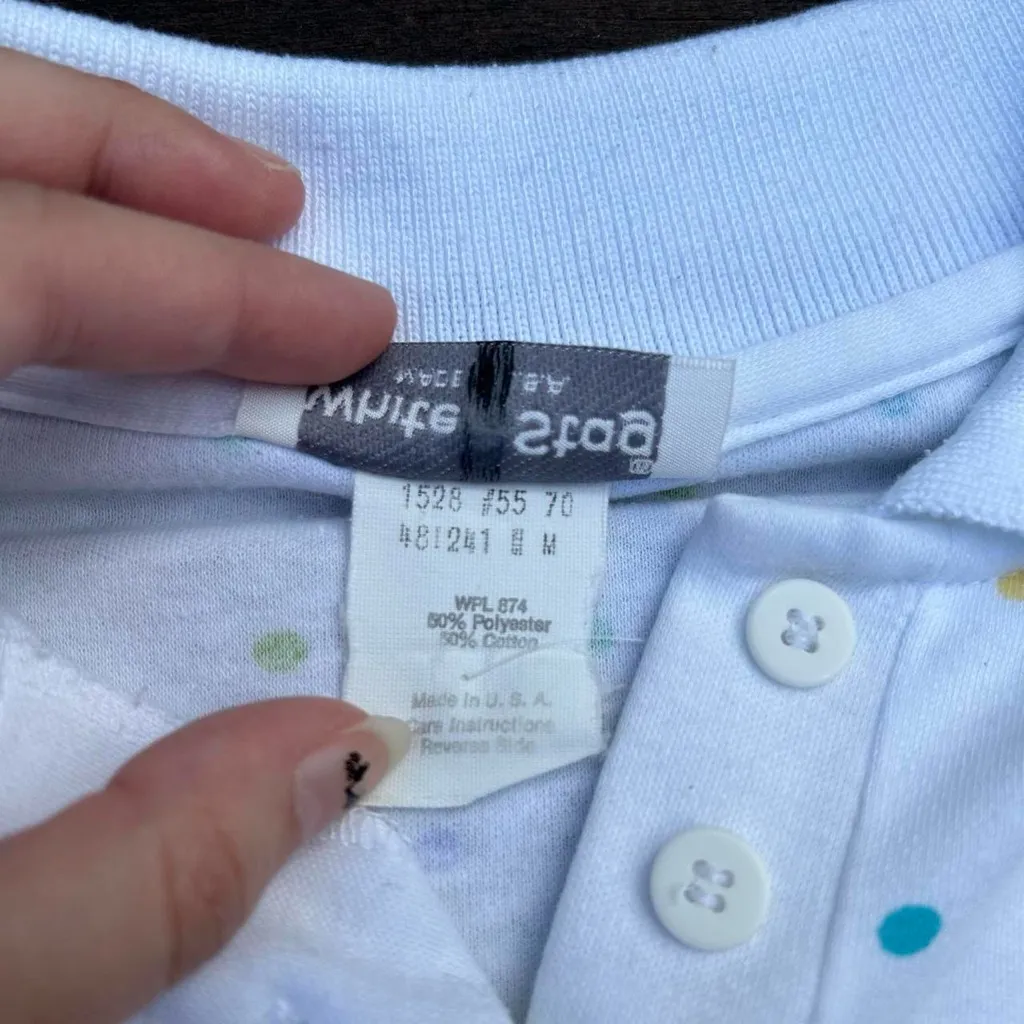 Vintage White Polo Shirt w/ Multi-Color Pastel Polka Dots Made in USA - Image 4