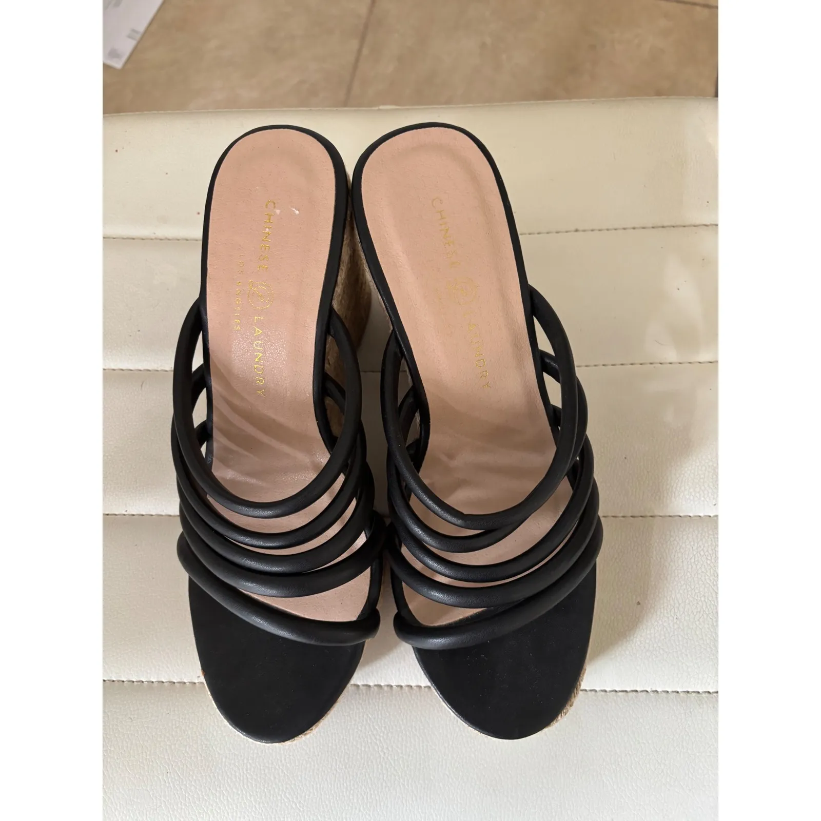 Chinese Laundry Black Leather Strappy Espadrille Wedge Sandals Women 8.5 - Image 2