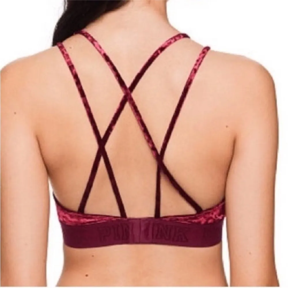 PINK Victoria’s Secret Velvet Bralette Bra Sz Large Maroon Berry Vneck - Image 5