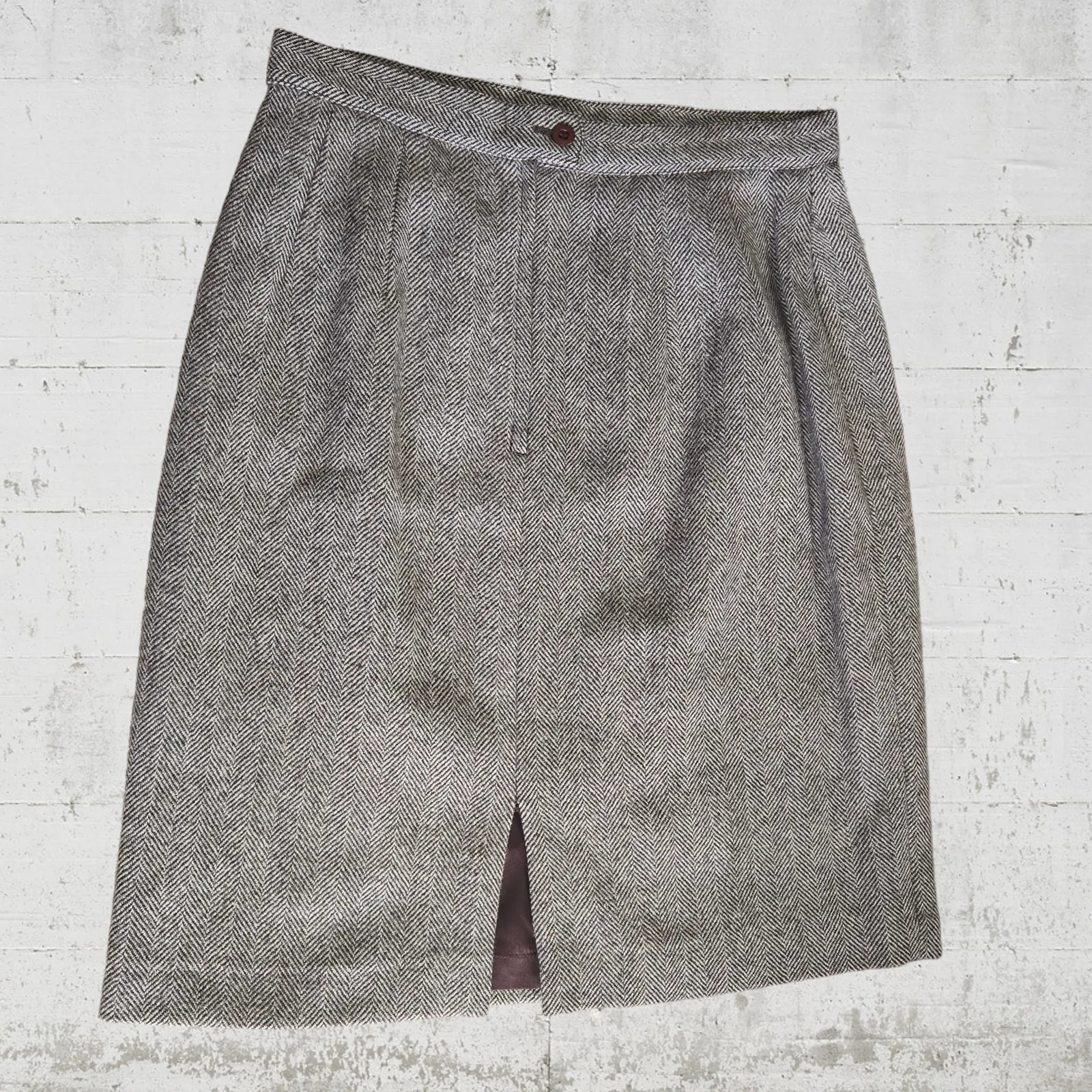 60s Vintage Brown Herringbone Wool Quiet Luxury Pencil Knee Length Skirt Size 10 - Image 9