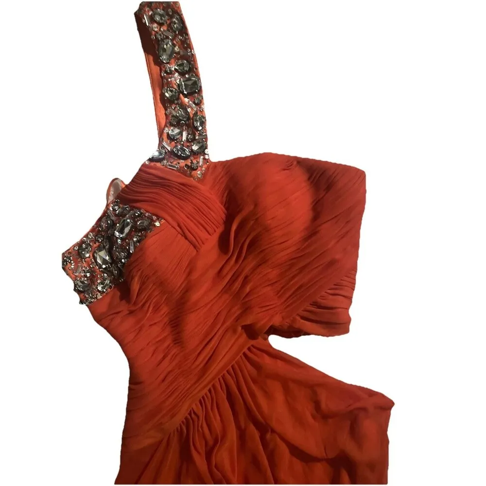 Shimmer by Bari Jay Formal Long Dress Gown Orange Coral Beaded Size 4 - Image 2