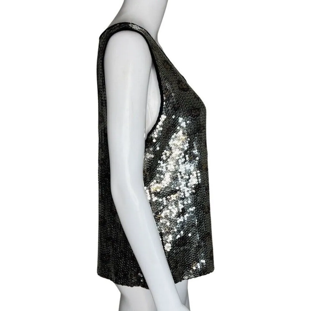 Ruby Rd Shirt Women Large Black Silver Leopard Allover Sequin Top Party Cocktail - Image 2