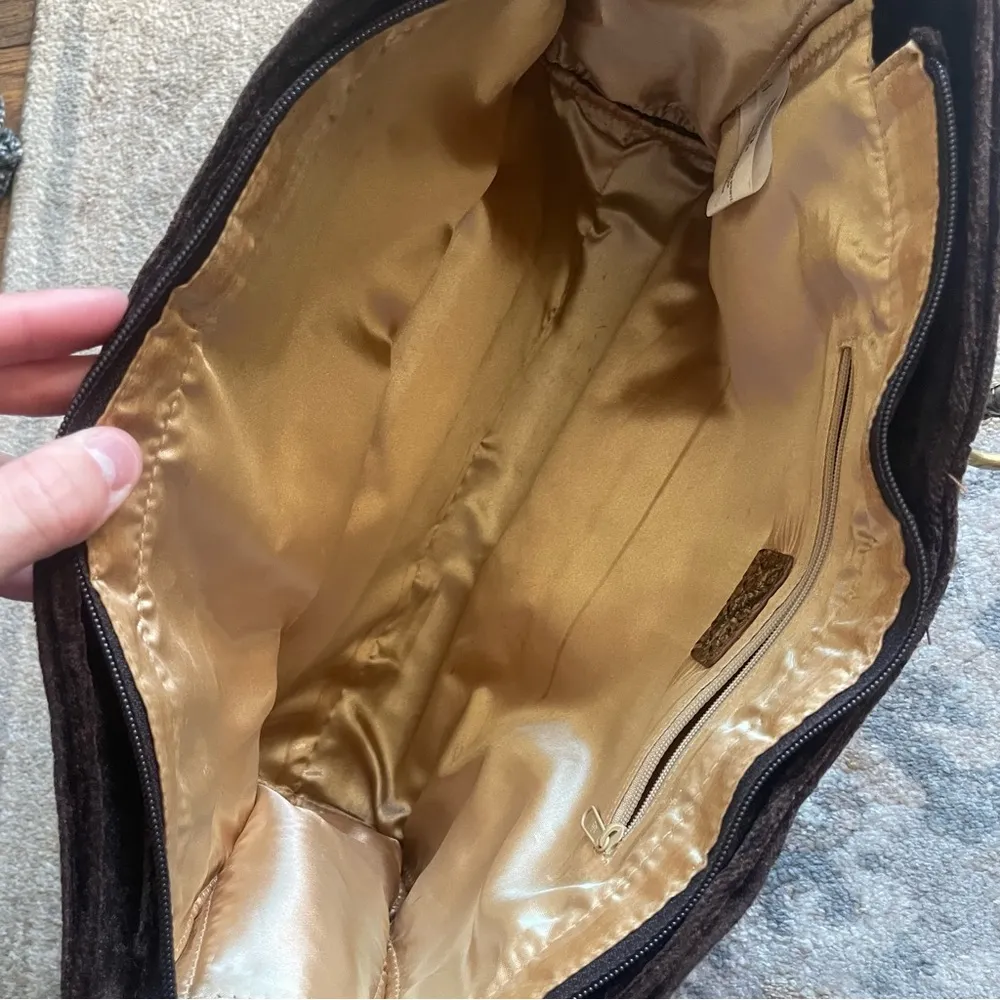 Y2K Vintage Juicy XOXO Brown Velvet Embellished Structured Zip Top Tote Bag Gold - Image 12