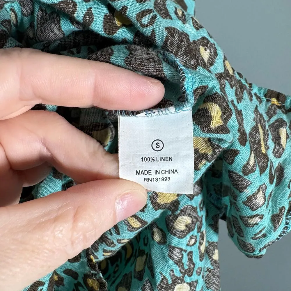 Mud Pie Bag Lady Turquoise Leopard Print 100% Linen Resort Dress - Size Small - Image 7