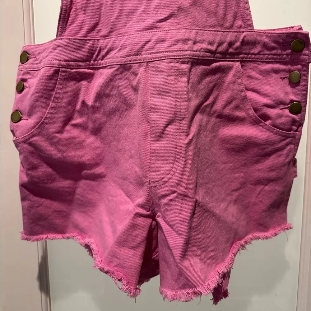 & MERCI Pink Denim Overalls Size M 100% Cotton Barbiecore Summer Trendy Raw Hem - Image 3