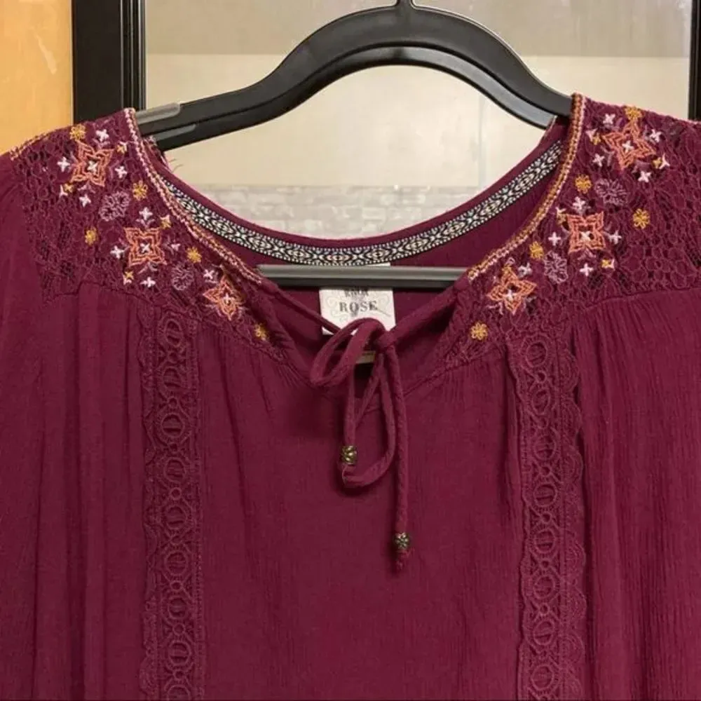 KNOX ROSE Tunic Dress Red Burgundy Embroidered Crochet Lace Extra Small XS - Image 2