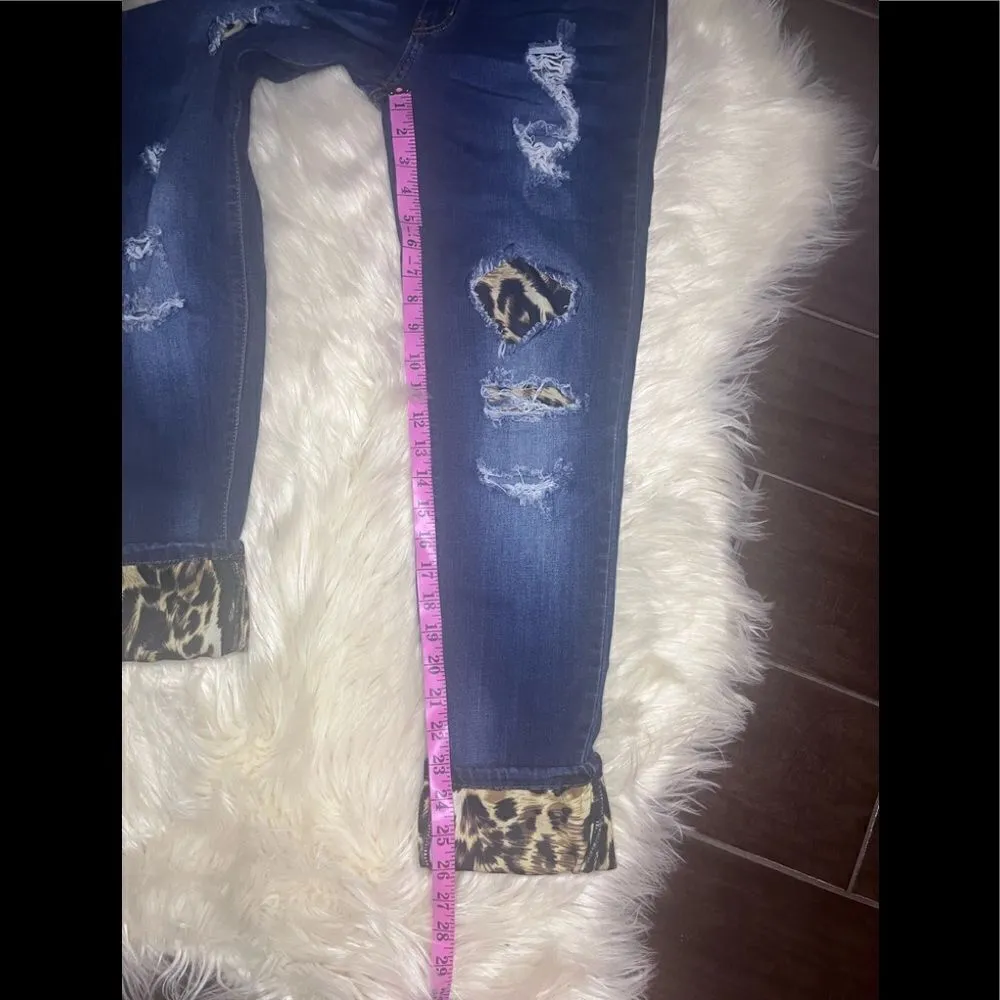 Kancan leopard patched distressed cuffed ankle denim sz 28 Blue - Image 9