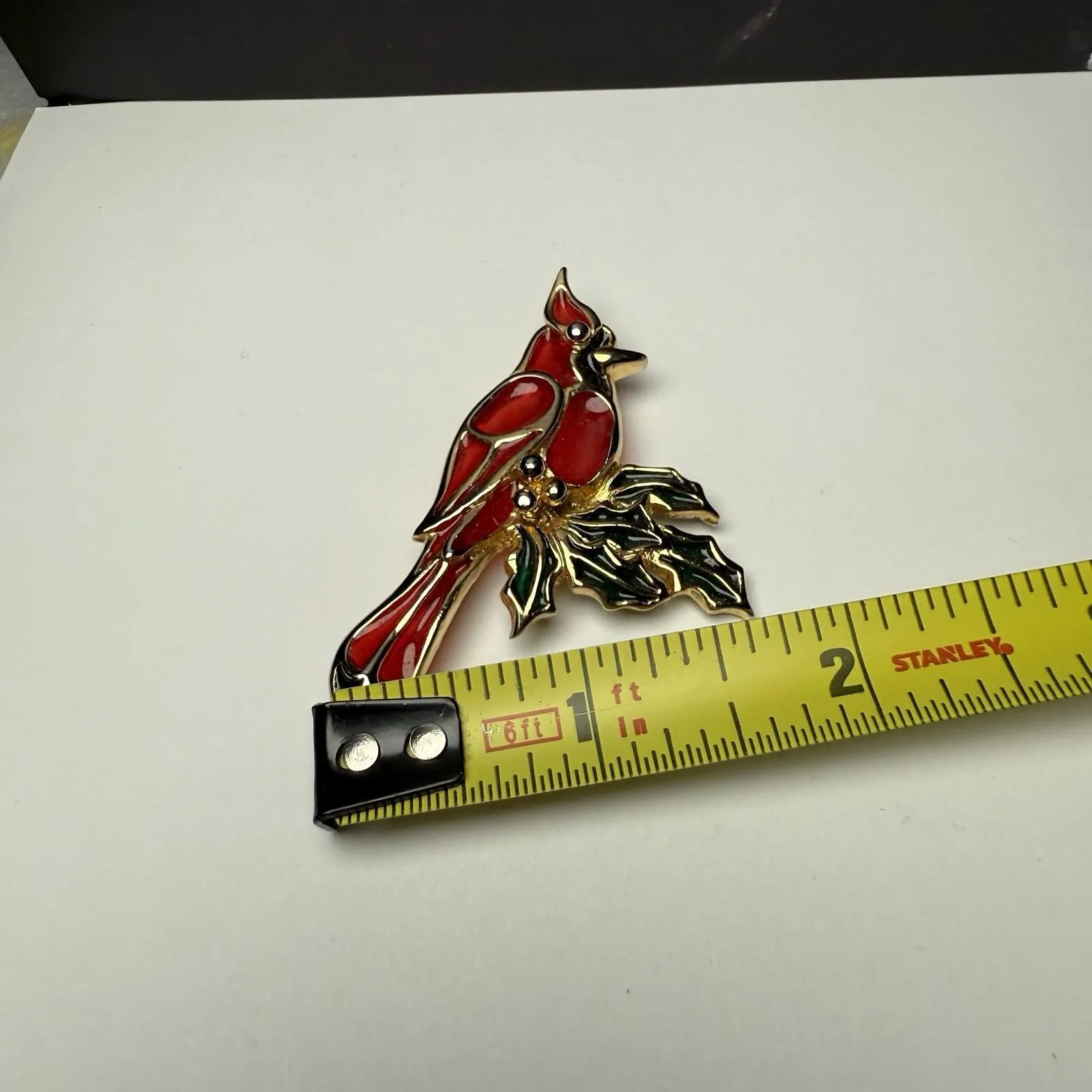 Red Cardinal Bird Brooch Pin Stained Glass Appearance Plique a Jour Style 47730 Gold - Image 3