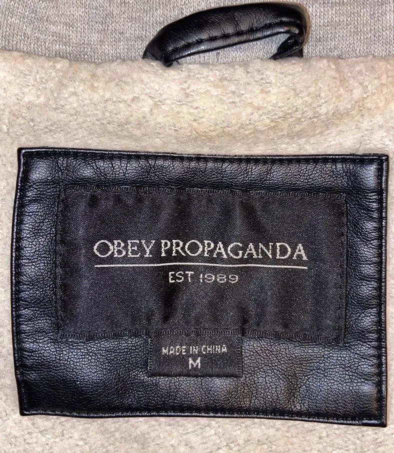 Obey Black Leather Jacket With Grey Hoodie - Image 3