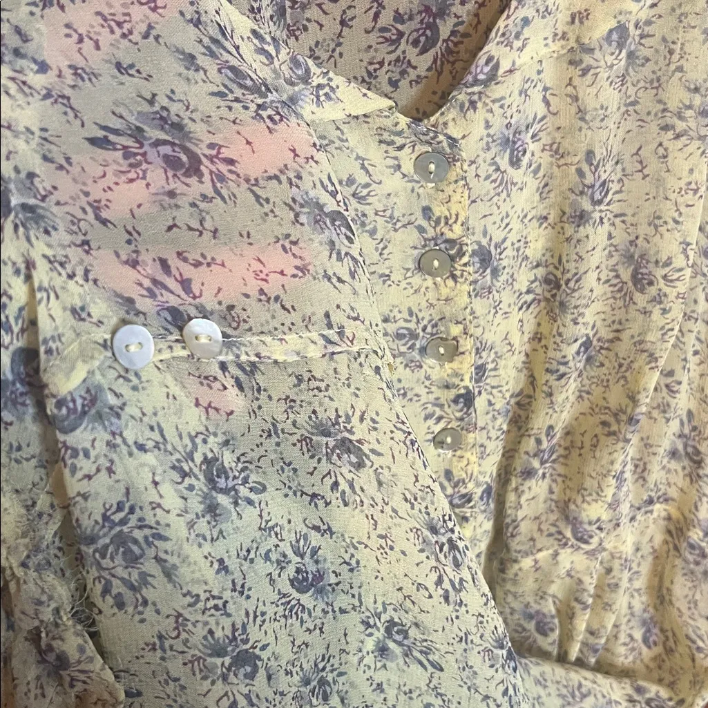 April Cornell Yellow Ditsy Floral Maxi Tea Dress Flutter Collar Button Romantic Purple Size L - Image 8