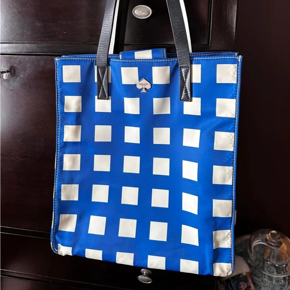 Kate Spade  Blue Checkered north south nylon Tote - Image 5