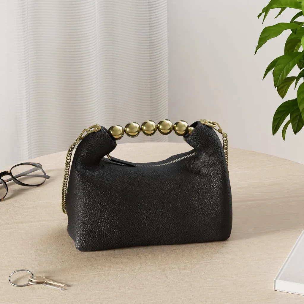 ⚡ Women's Top Handle Chain Pearl Strap Leather Crossbody Tote Black Bag - Image 3