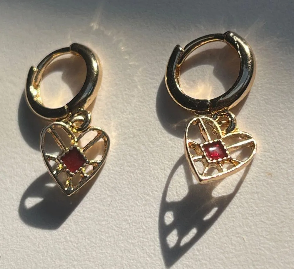 Open Heart With Red Rhinestine Gold Huggie Earrings - Image 3