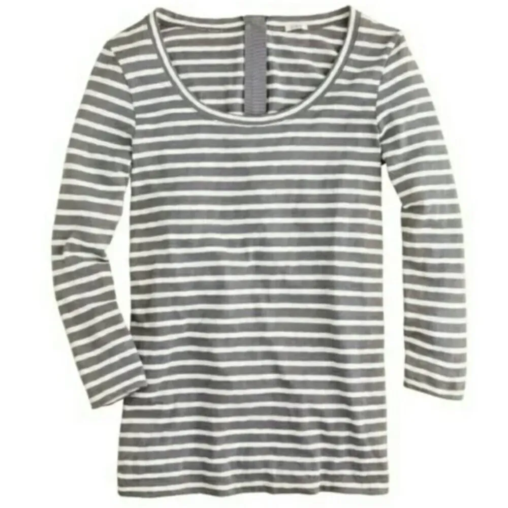 J. CREW Painter Zip Tee Gray Cream Ivory Horizontal Striped 3/4 Sleeve Cotton L - Image 3