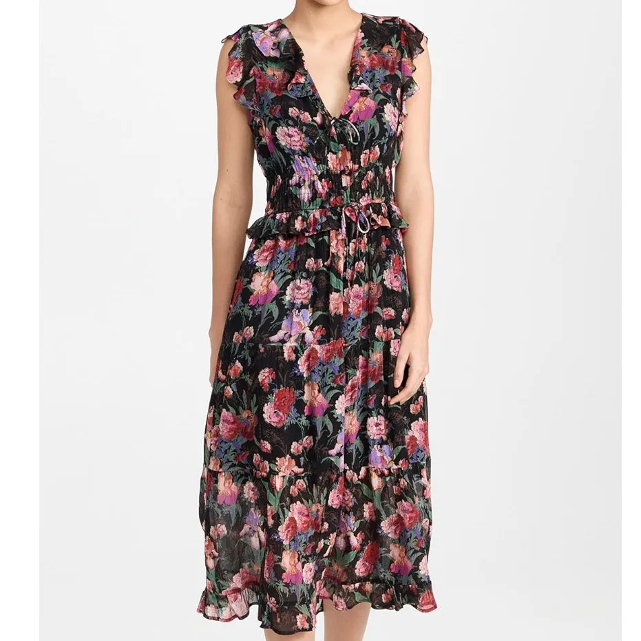 PAIGE NWOT Paradise Floral Silk Chiffon Flutter Sleeve Smocked Tiered Midi Dress - Image 2