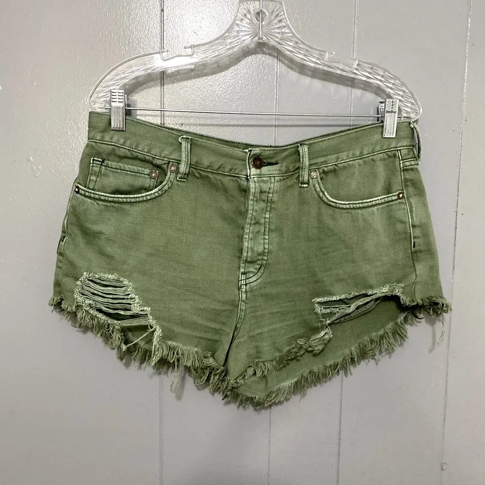 Free People Olive Green Loving Good Vibrations Cut Off Boho Denim Shorts 29 - Image 2