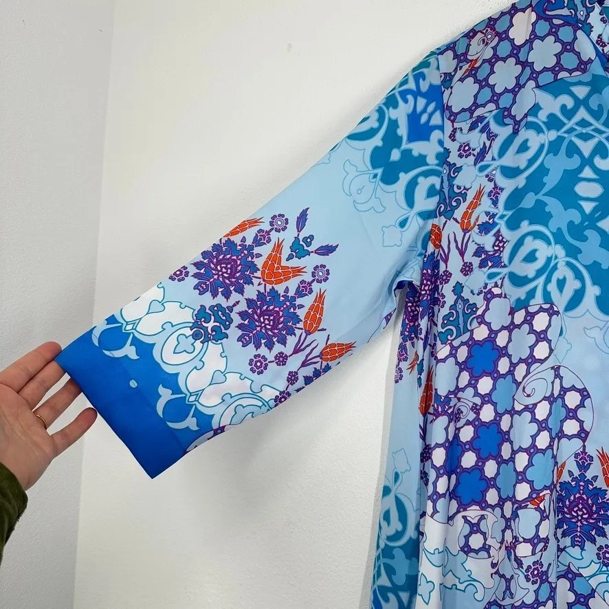 Natori Blue Floral Print Maxi Dress Size M V-Neck 3/4 Sleeve Resort‎ Wear Flowy - Image 5