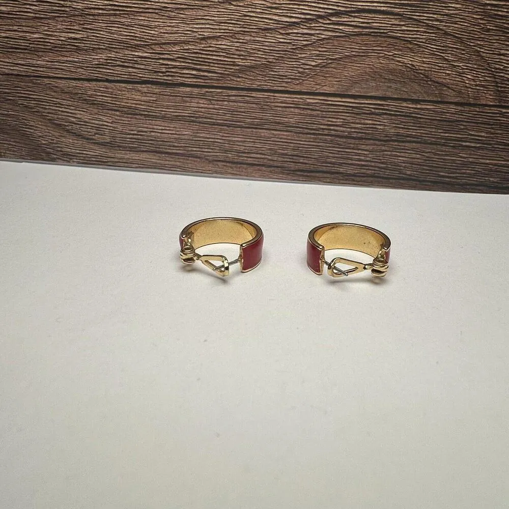 Monet Red Enamel Gold Tone Hoop Pierced Earrings Signed - Image 5