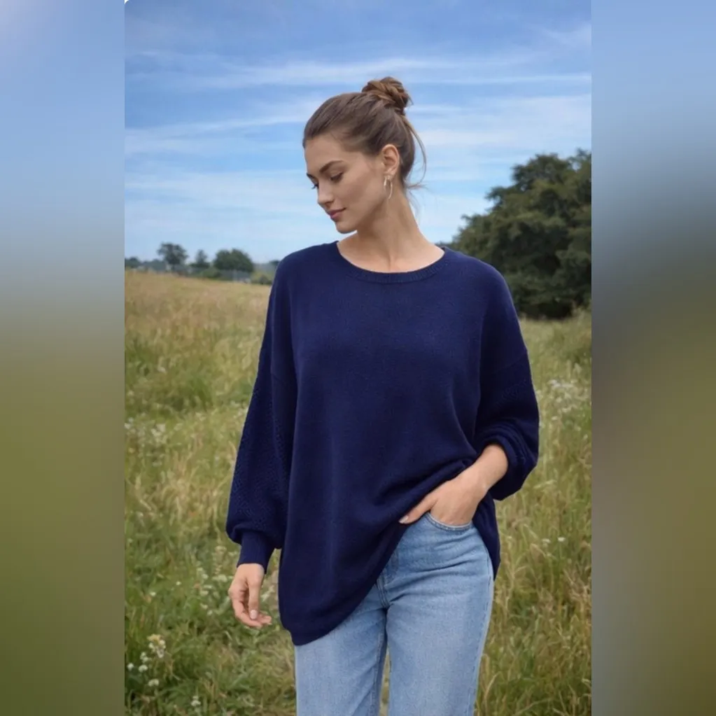 NWOT DKNY Navy 100% Cotton Crochet Sleeve Sweater Sz XL Blue - Image 5