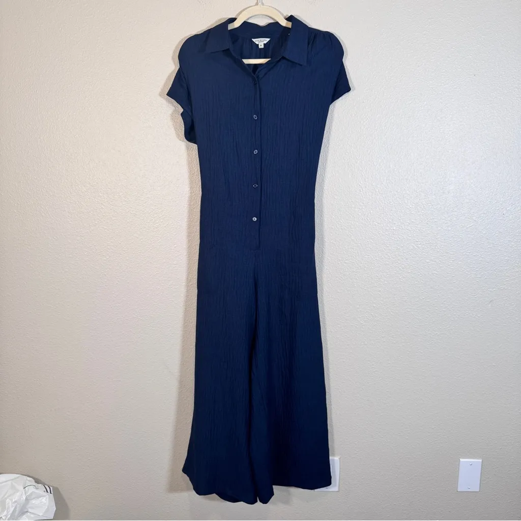 Max Studio Navy Blue Wide Leg Jumpsuit Womens M Short Sleeve Classic Preppy Work - Image 11